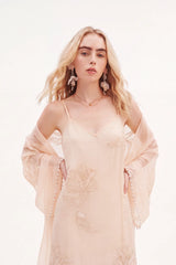 Blush Pink Sheer Midi Slip Dress with Gold Leaf Embroidery