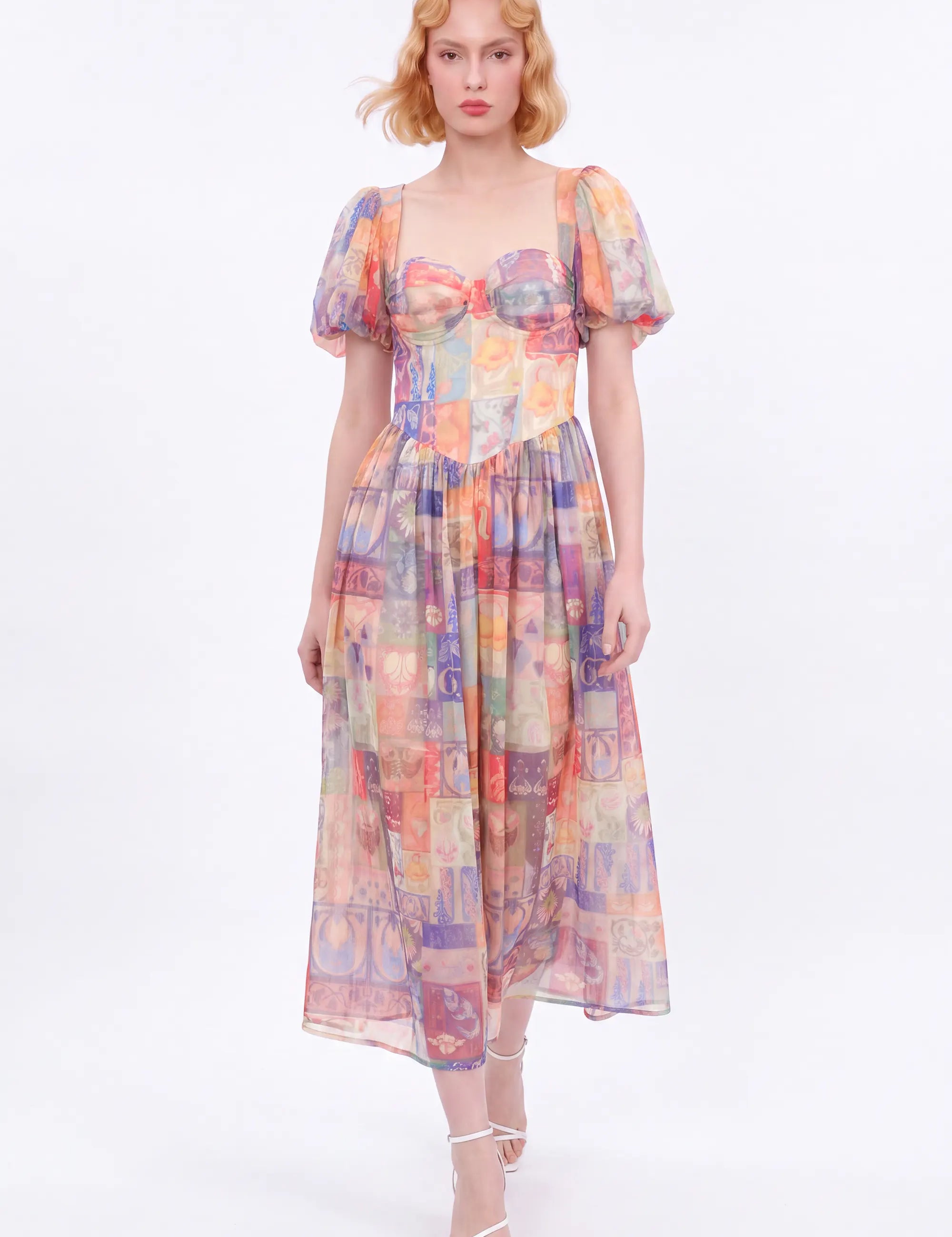Colorful Patchwork Puff-Sleeve Maxi Dress — Model White Background Front