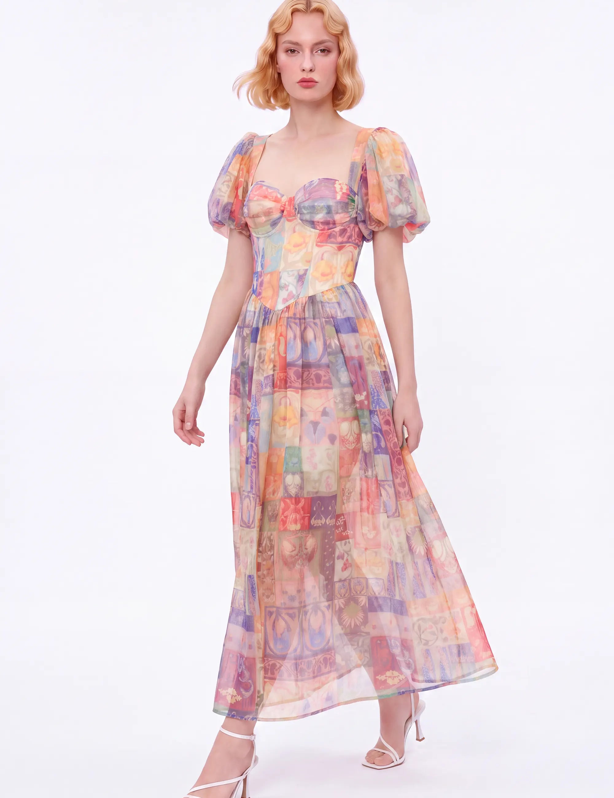 Colorful Patchwork Puff-Sleeve Maxi Dress — Model White Background View 2