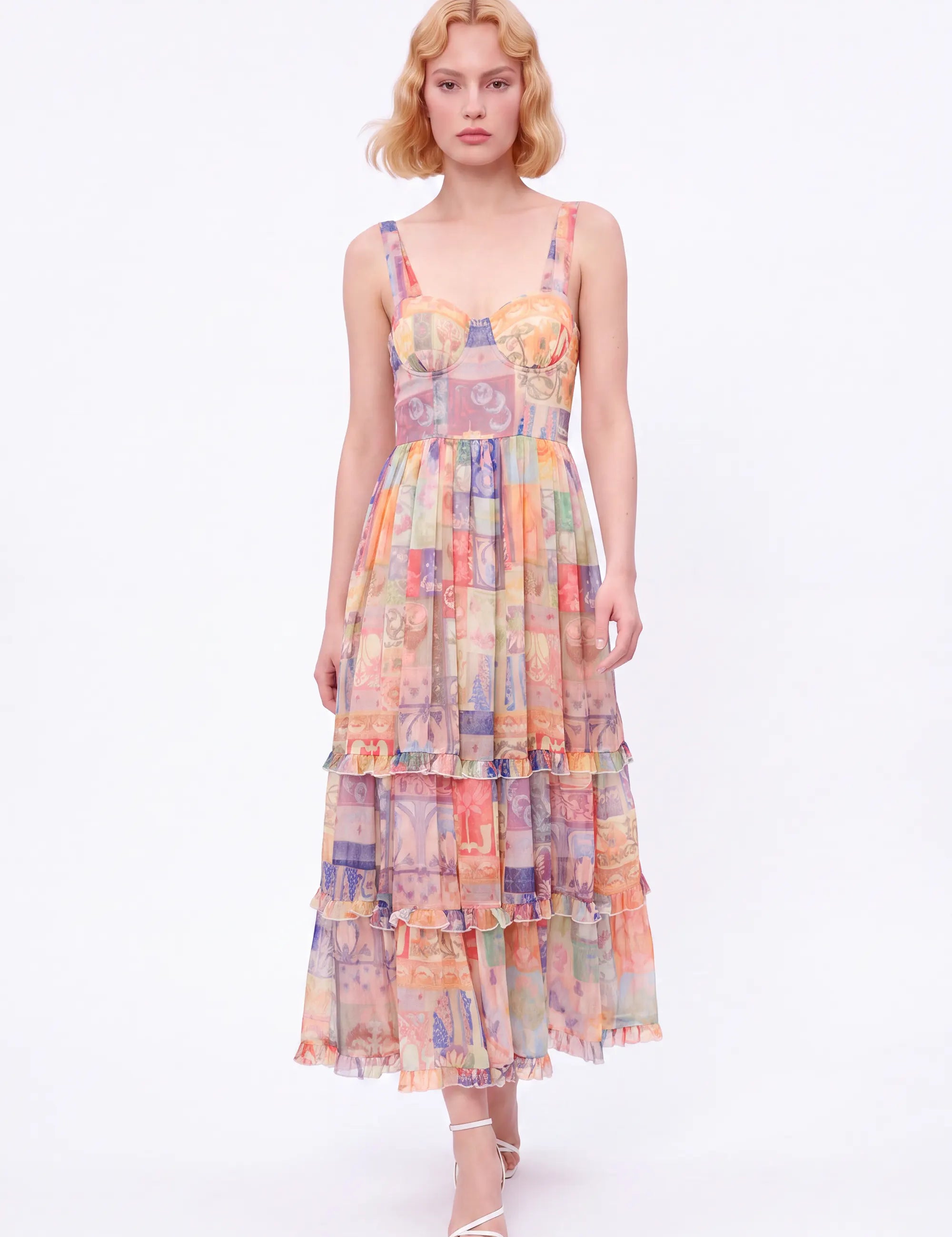 Colorful Patchwork Tiered Cami Maxi Dress — Model White Background Front