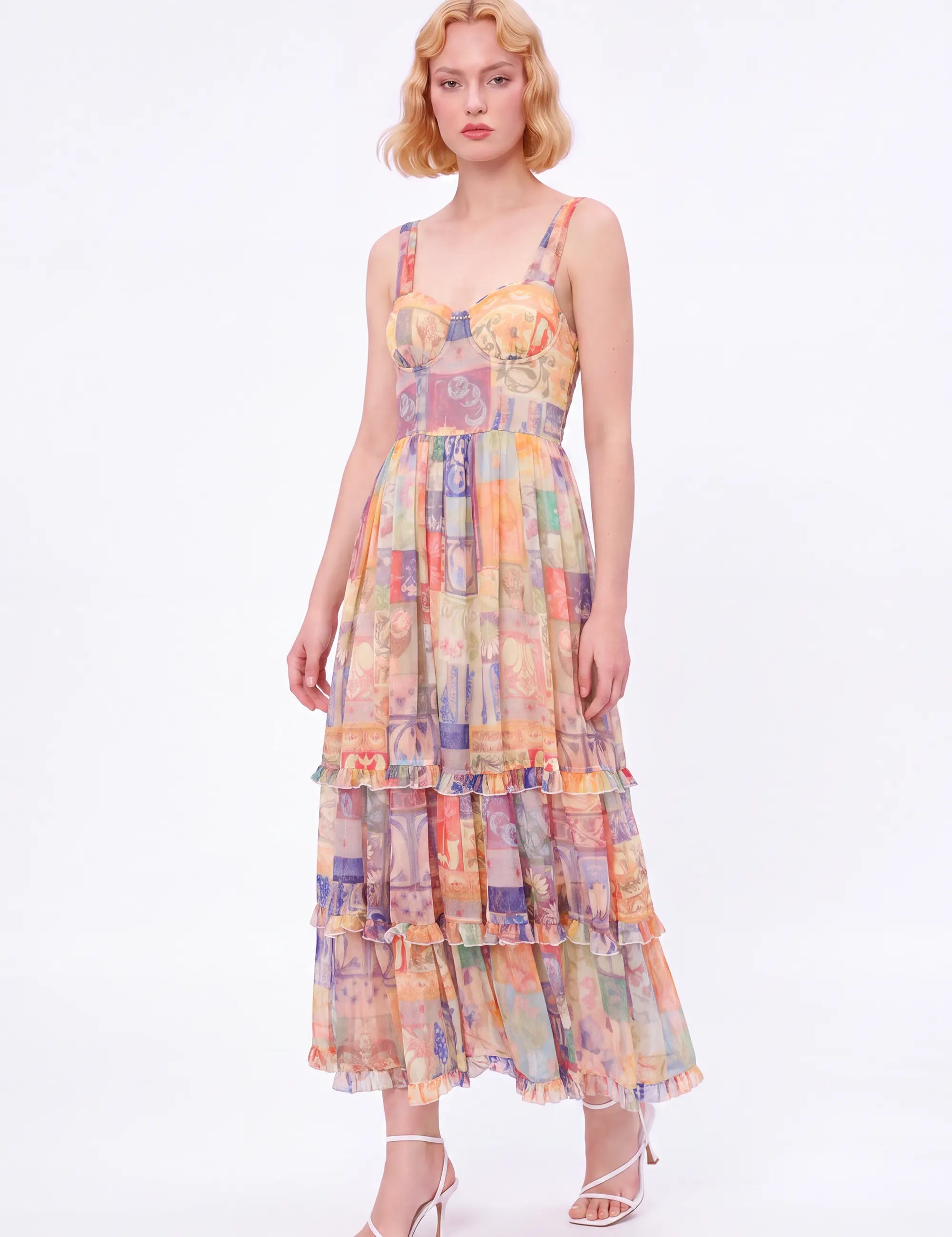 Colorful Patchwork Tiered Cami Maxi Dress — Model White Background View 2
