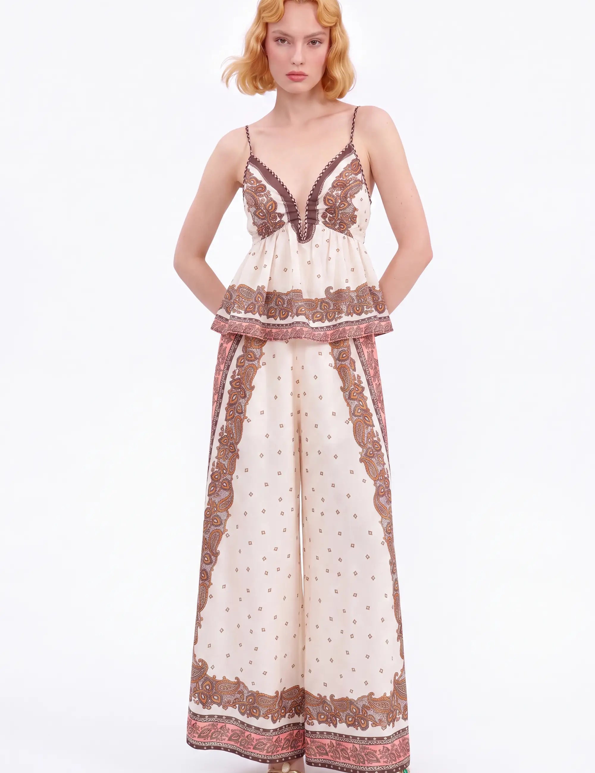 Cream and Brown Paisley Wide-Leg Pants — model front view 1