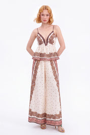 Cream and Brown Paisley Wide-Leg Pants — model front view 1