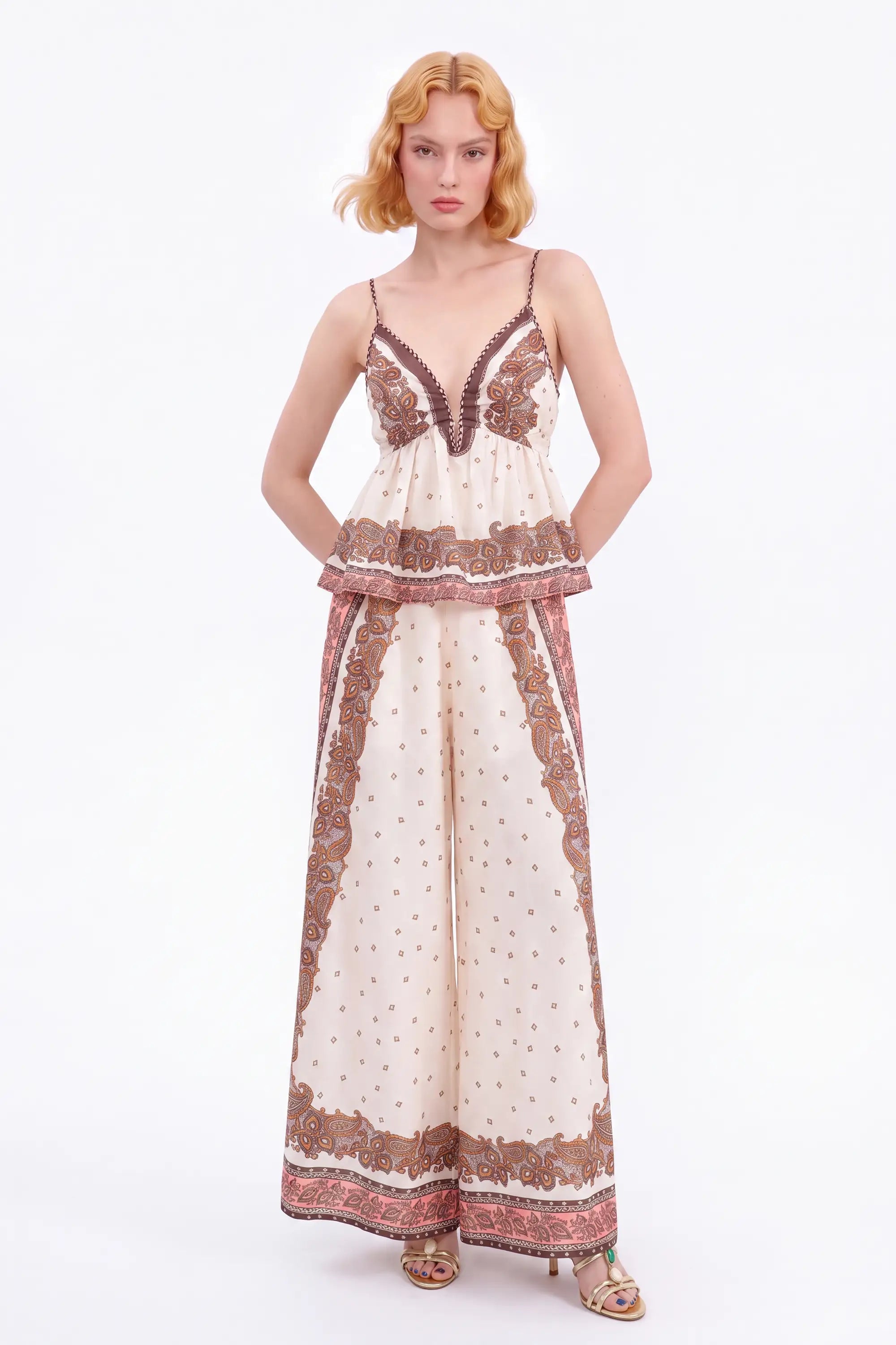 Cream and Brown Paisley Wide-Leg Pants — model front view 1