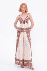 Cream and Brown Paisley Wide-Leg Pants