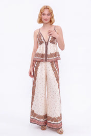 Cream and Brown Paisley Wide-Leg Pants — model front view 3