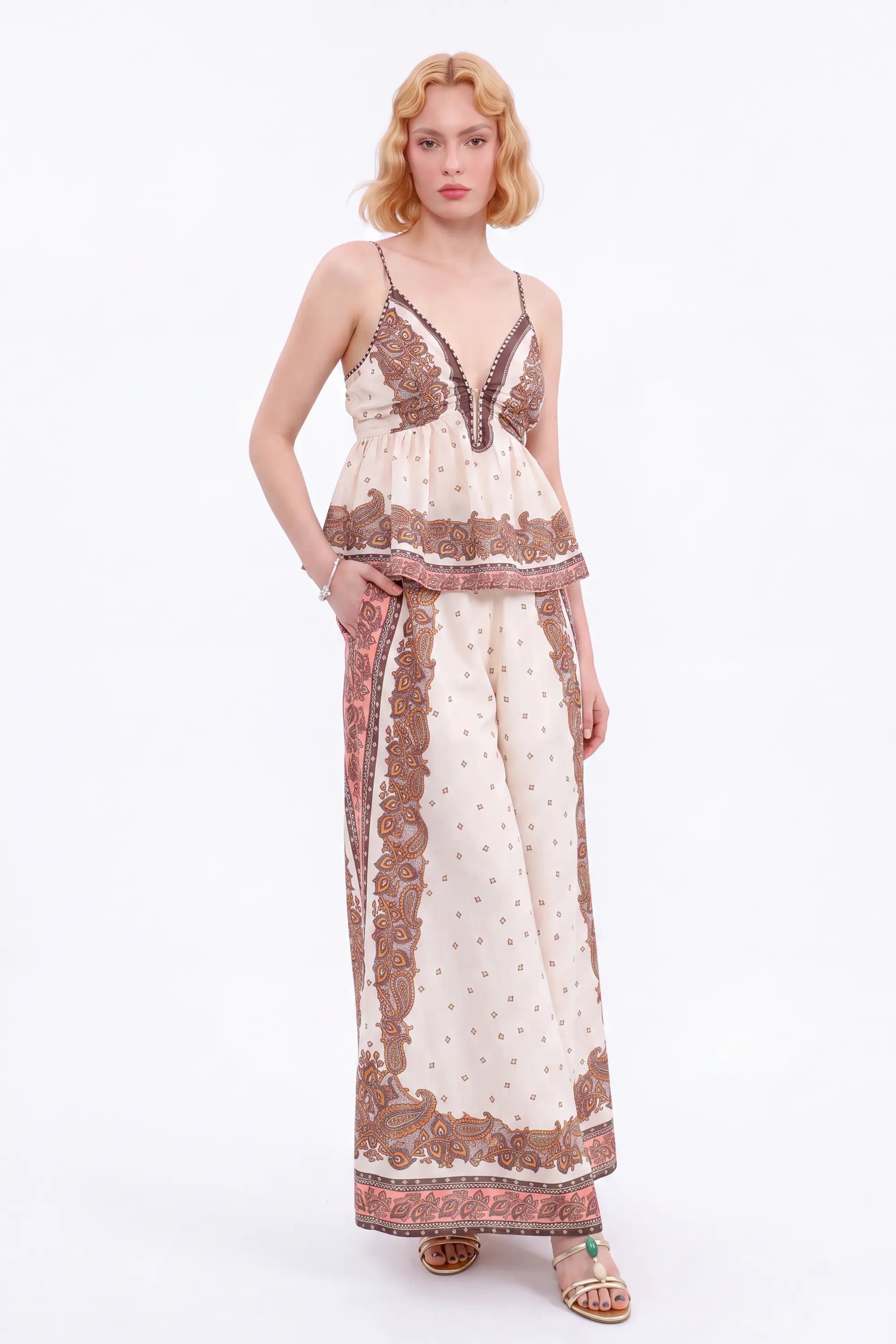Cream and Brown Paisley Wide-Leg Pants — model front view 4