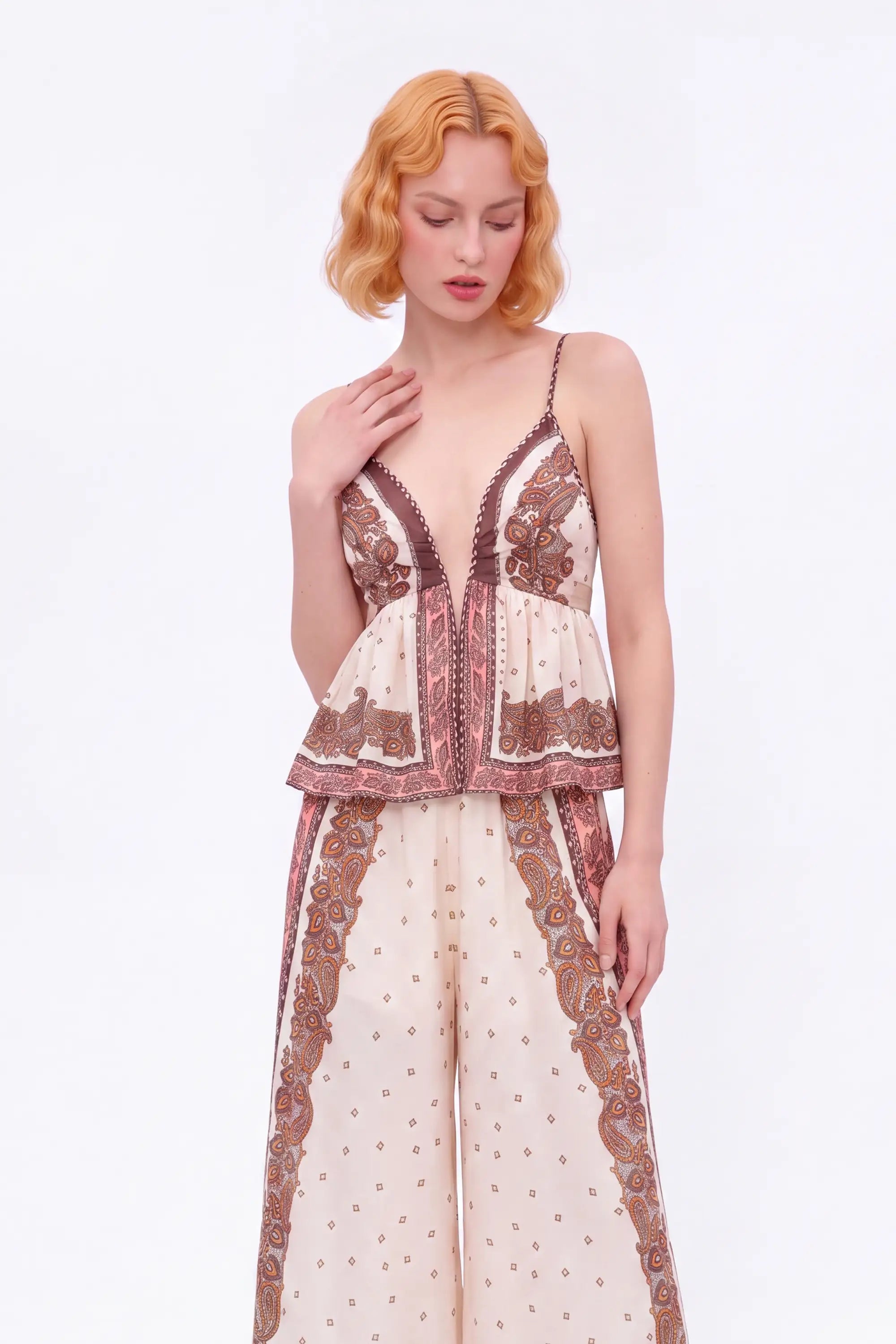 Cream and Brown Paisley Wide-Leg Pants — model front view 5