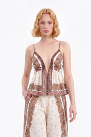 Cream and Brown Paisley Wide-Leg Pants — model front view 6