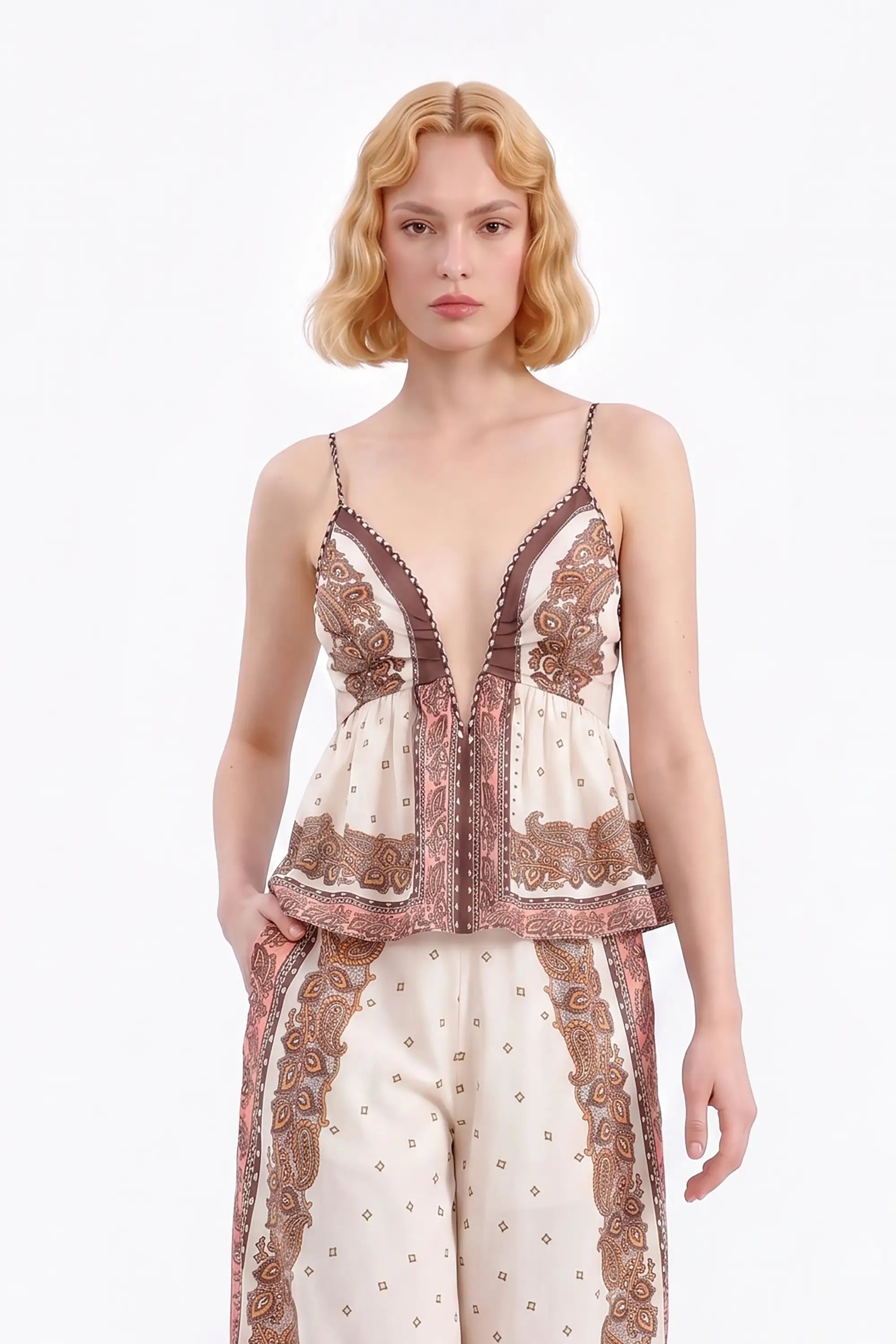 Cream and Brown Paisley Wide-Leg Pants — model front view 6