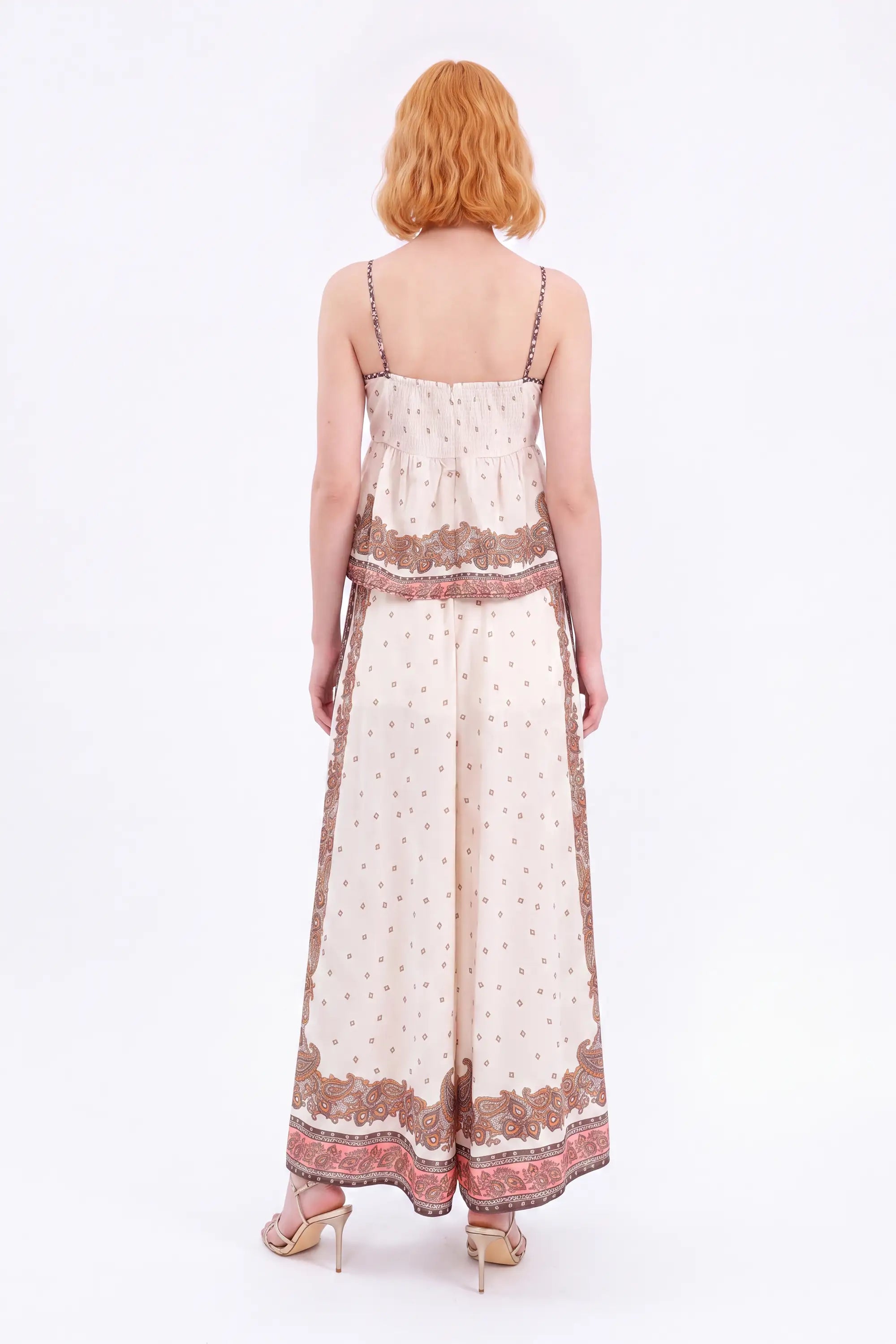 Cream and Brown Paisley Wide-Leg Pants — model front view 7
