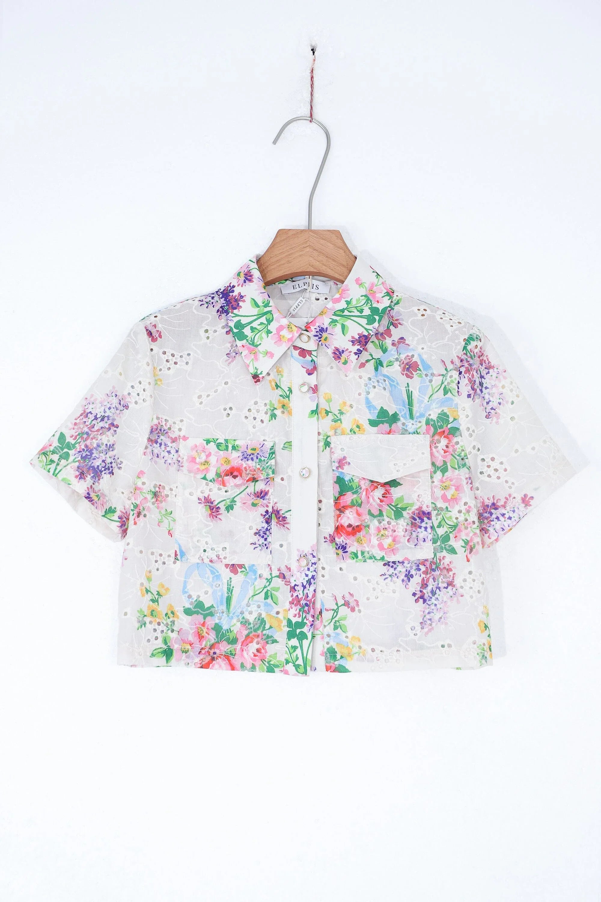 Elppis cream floral eyelet cropped shirt product front view