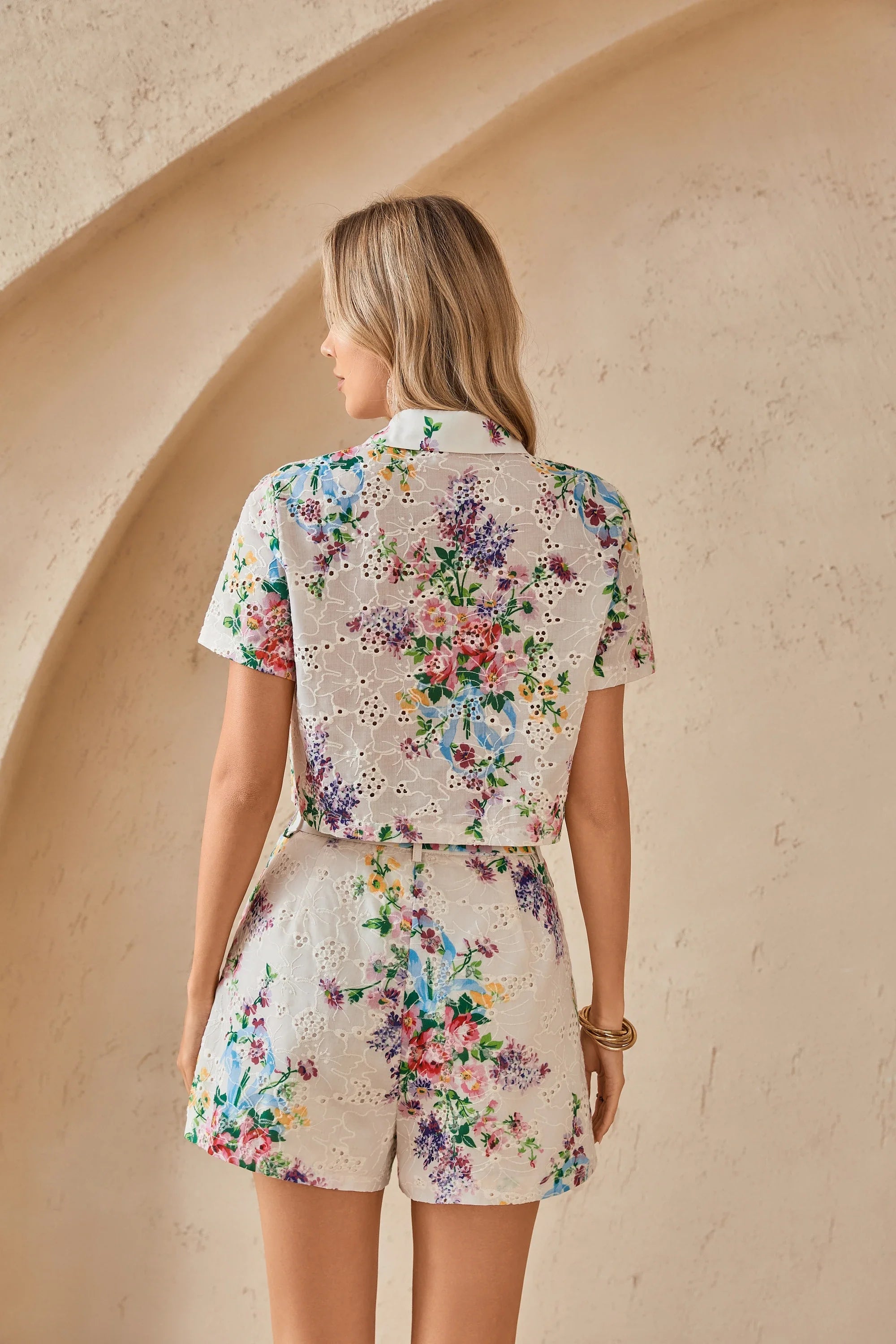 Back view of the Elppis cream floral eyelet matching set