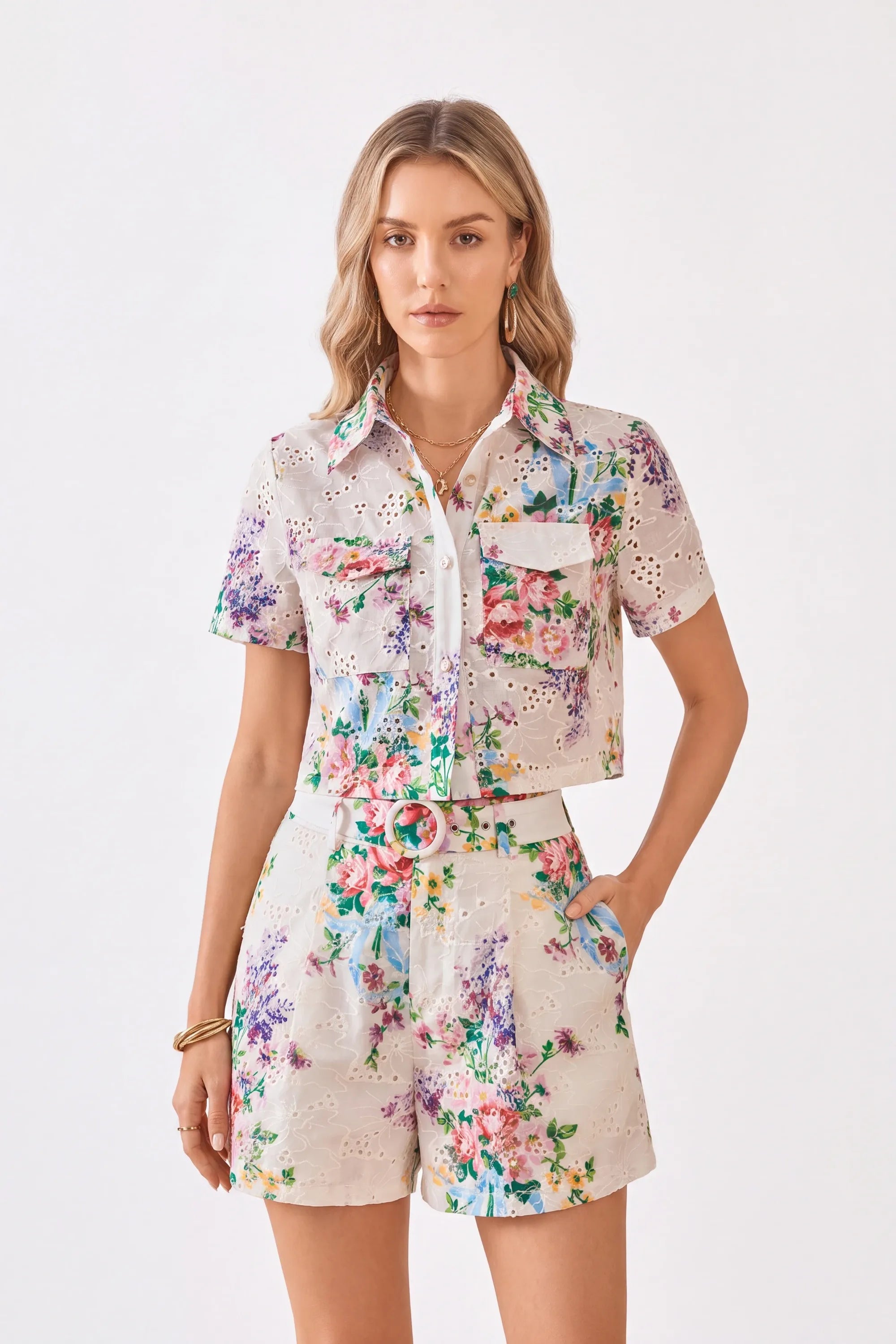 Elppis cream floral eyelet cropped shirt and shorts set on a white background