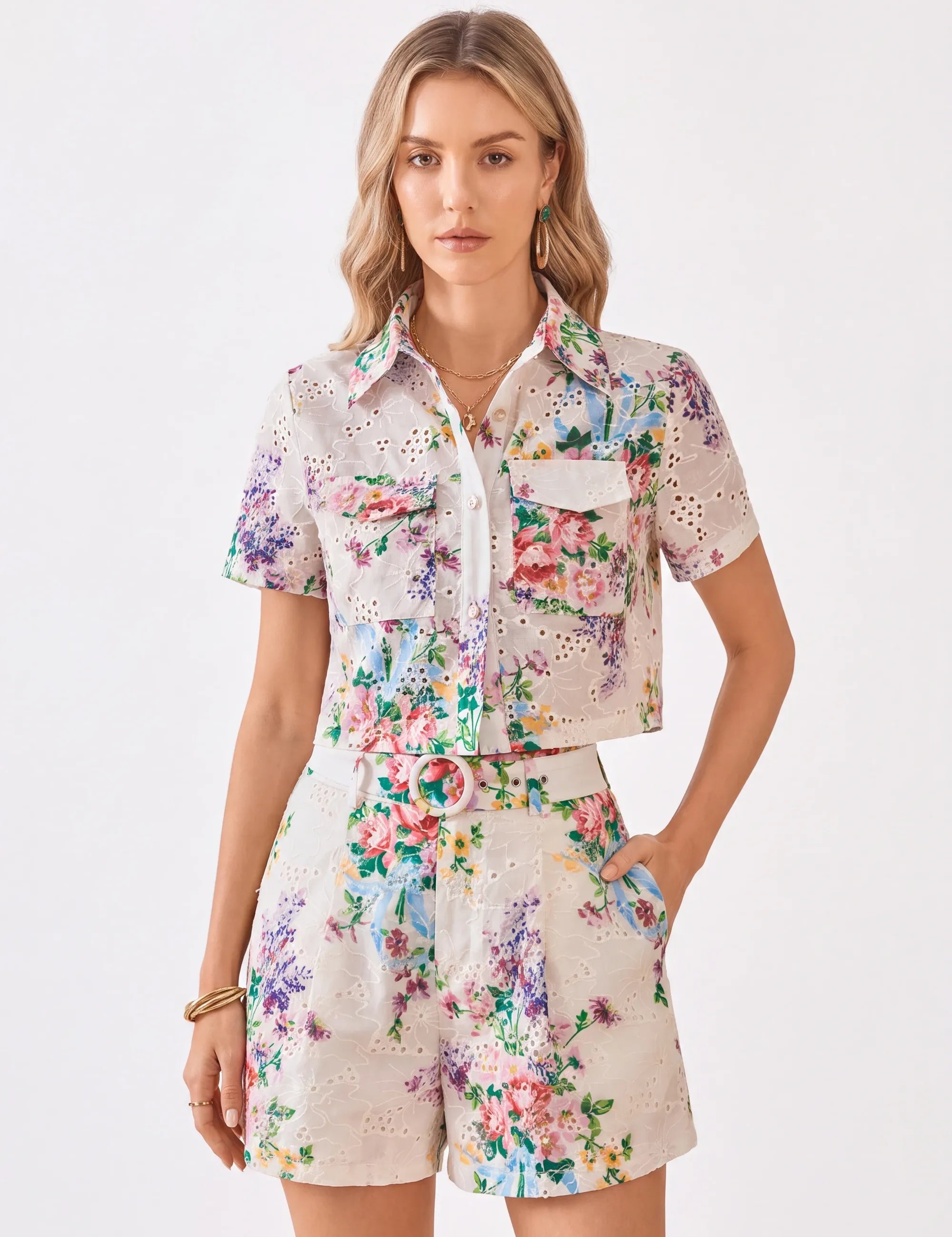 Elppis cream floral eyelet cropped shirt and shorts set on a white background