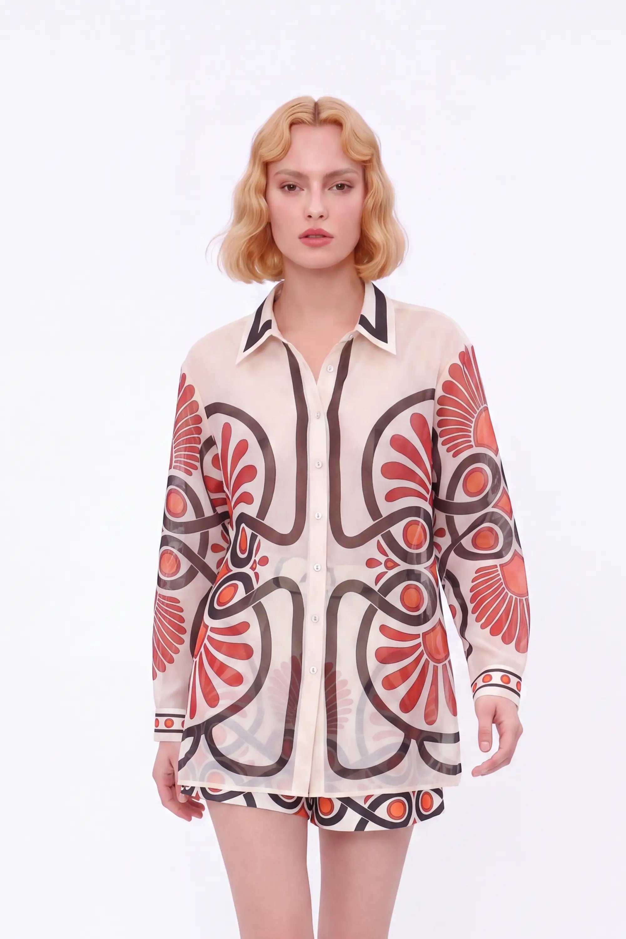 Cream High-Waisted Shorts with Red and Black Geometric Print and Buckle Belt — model front view 1