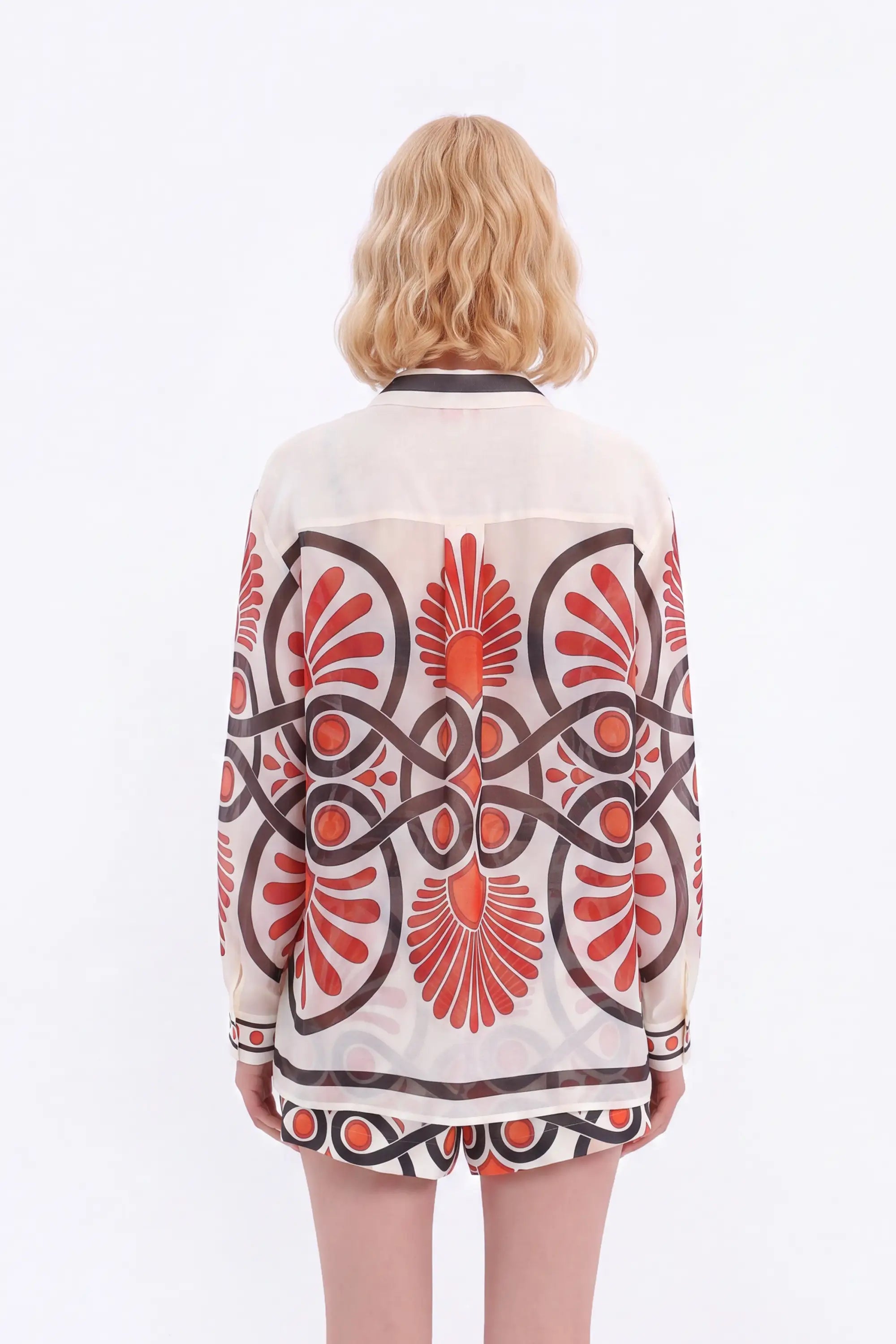 Cream High-Waisted Shorts with Red and Black Geometric Print and Buckle Belt — model front view 4