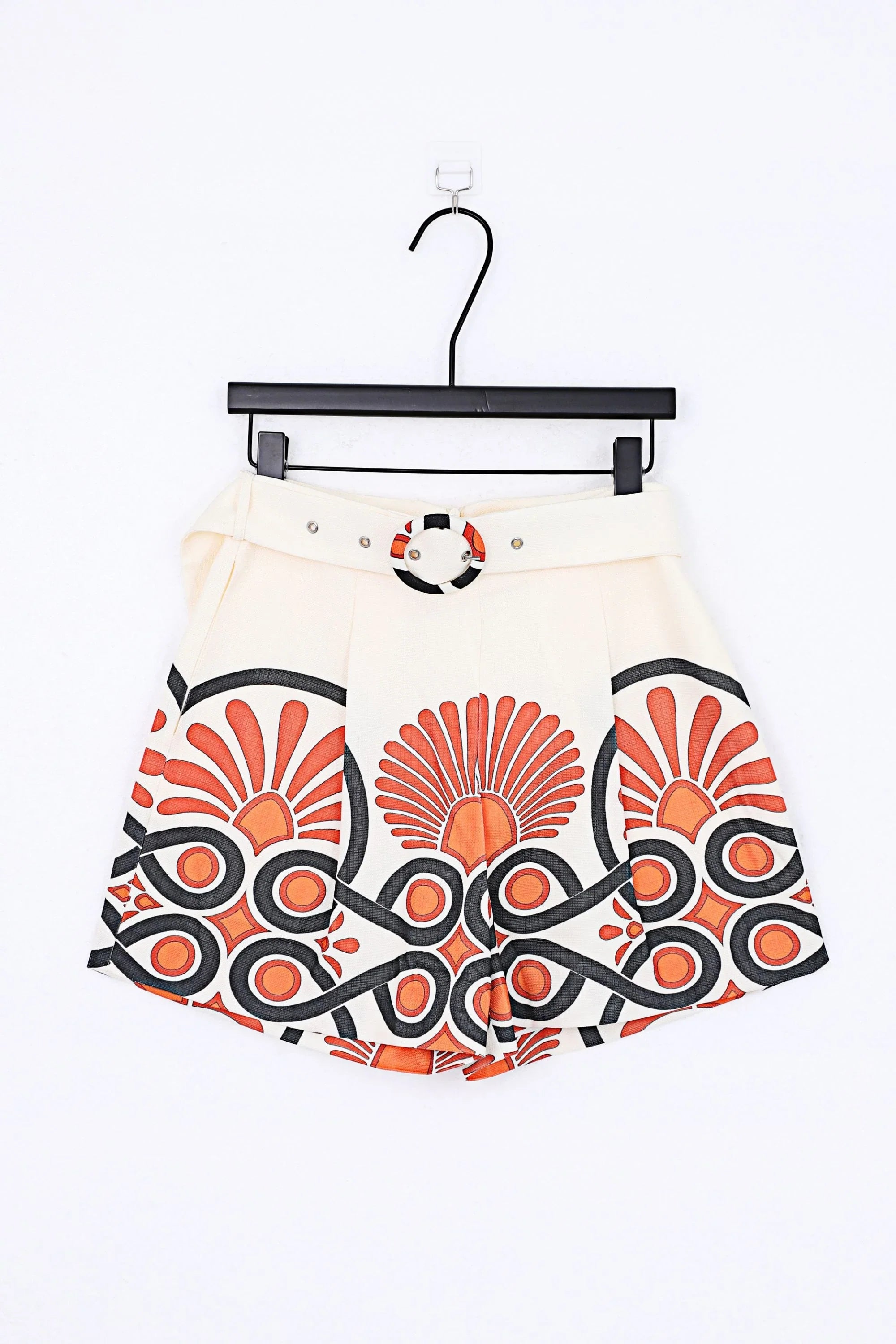 Cream High-Waisted Shorts with Red and Black Geometric Print and Buckle Belt — product-only view 1