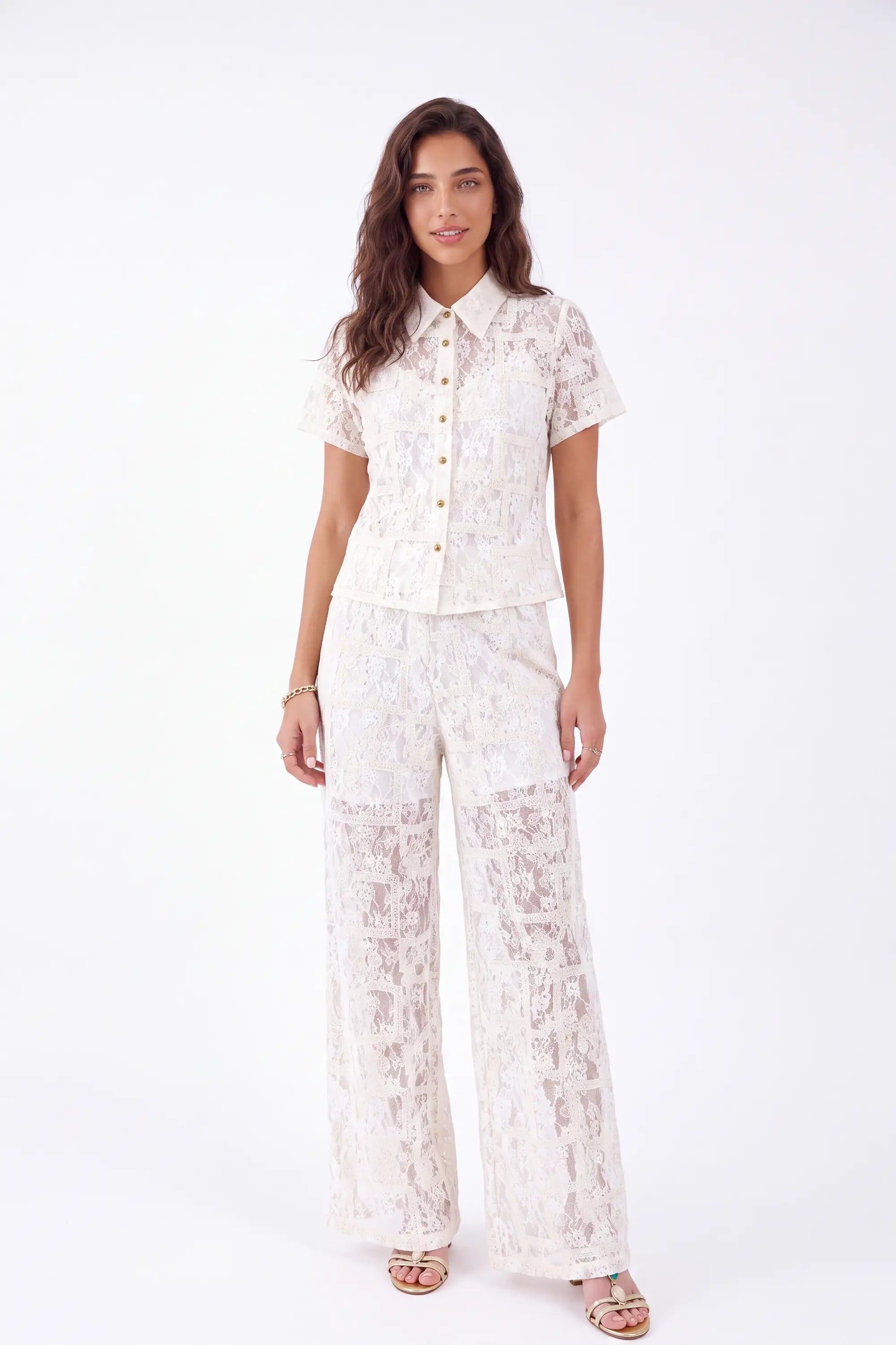 Cream Lace Short-Sleeve Collared Blouse — Model White Background Front