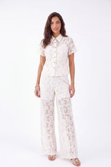 Cream Lace Short-Sleeve Collared Blouse