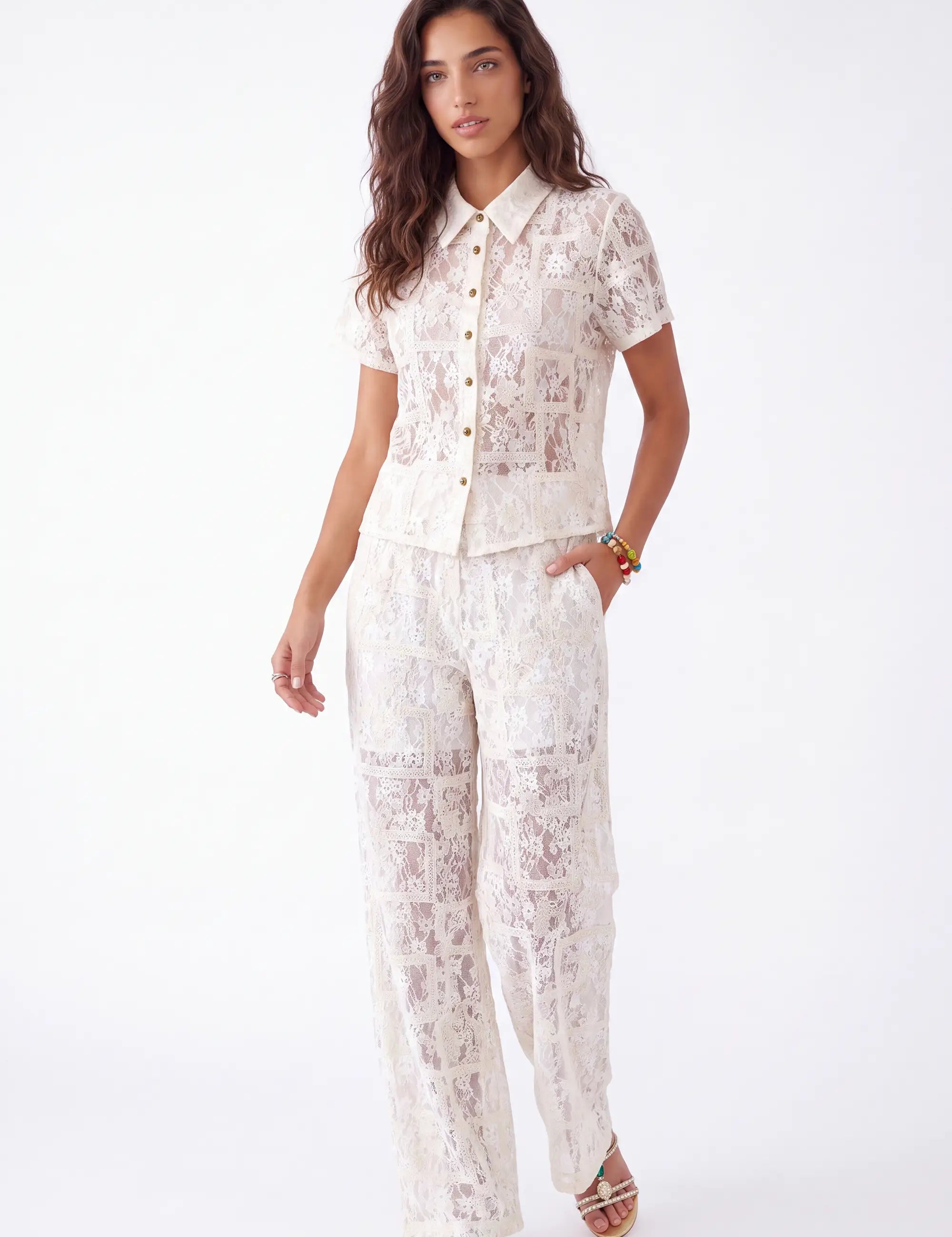 Cream Lace Short-Sleeve Collared Blouse — Model White Background View 2