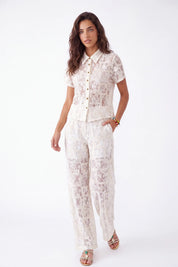 Cream Lace Short-Sleeve Collared Blouse — Model White Background View 2