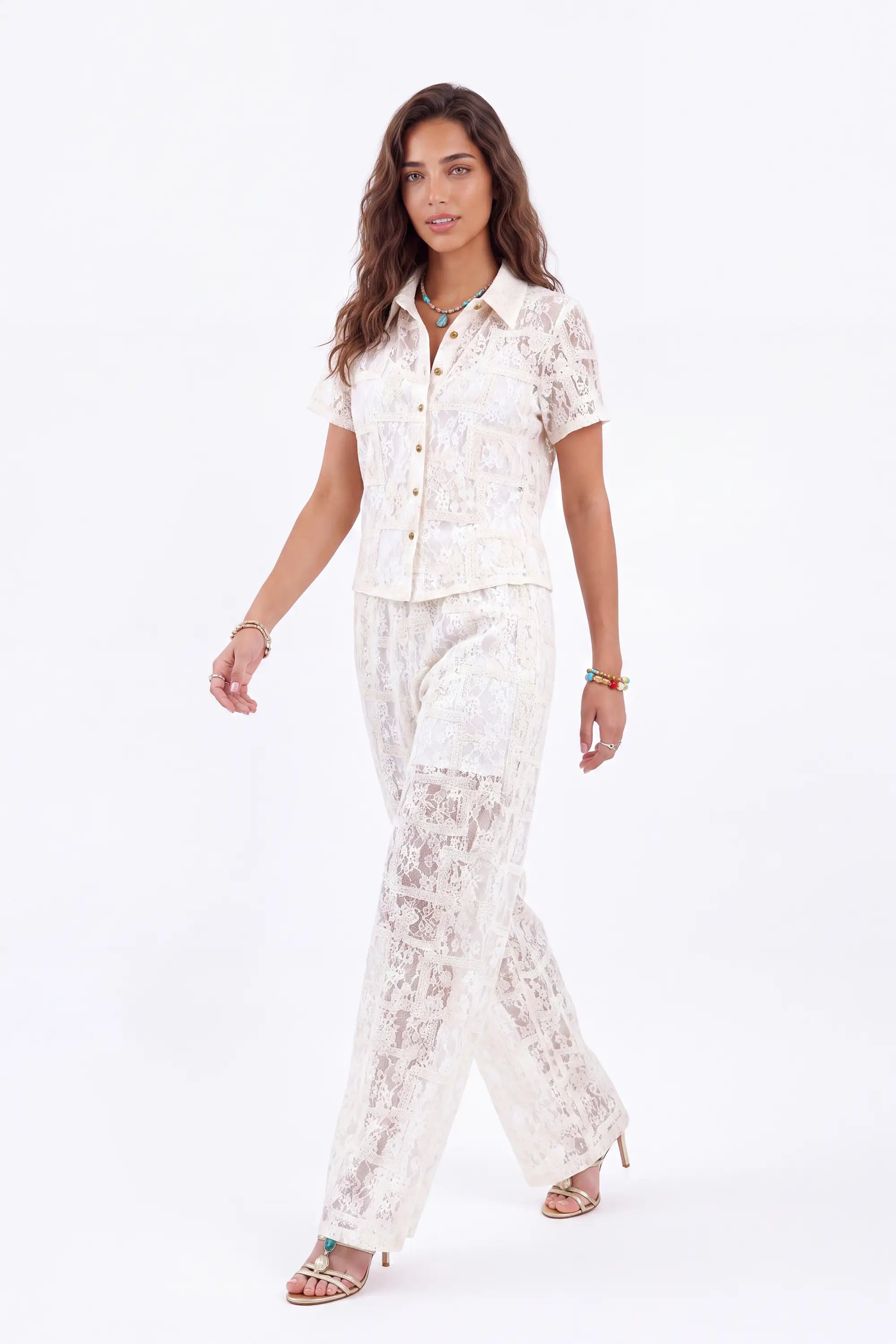 Cream Lace Short-Sleeve Collared Blouse — Model White Background View 3