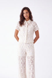 Cream Lace Short-Sleeve Collared Blouse — Model White Background View 4