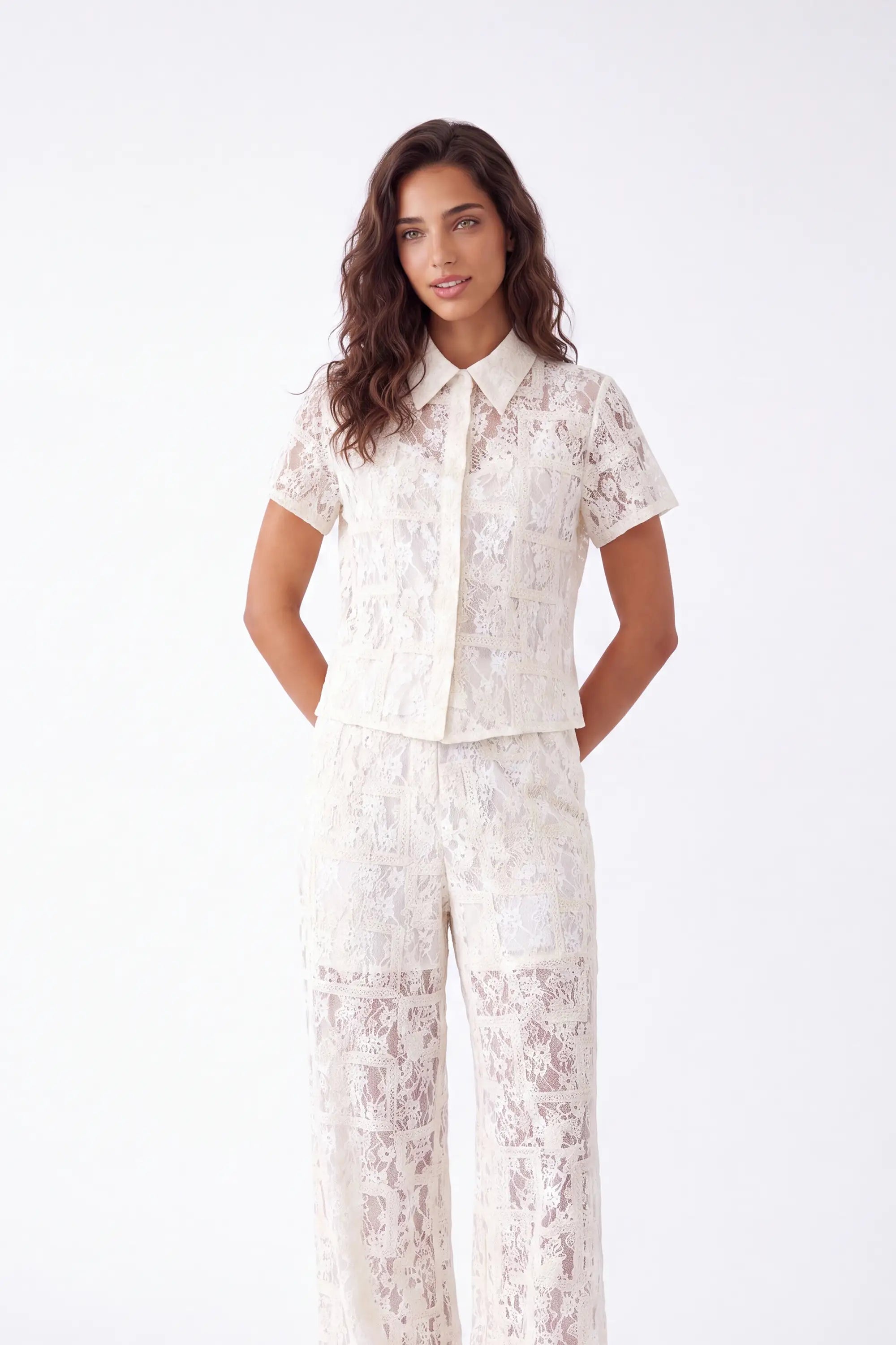 Cream Lace Short-Sleeve Collared Blouse — Model White Background View 4