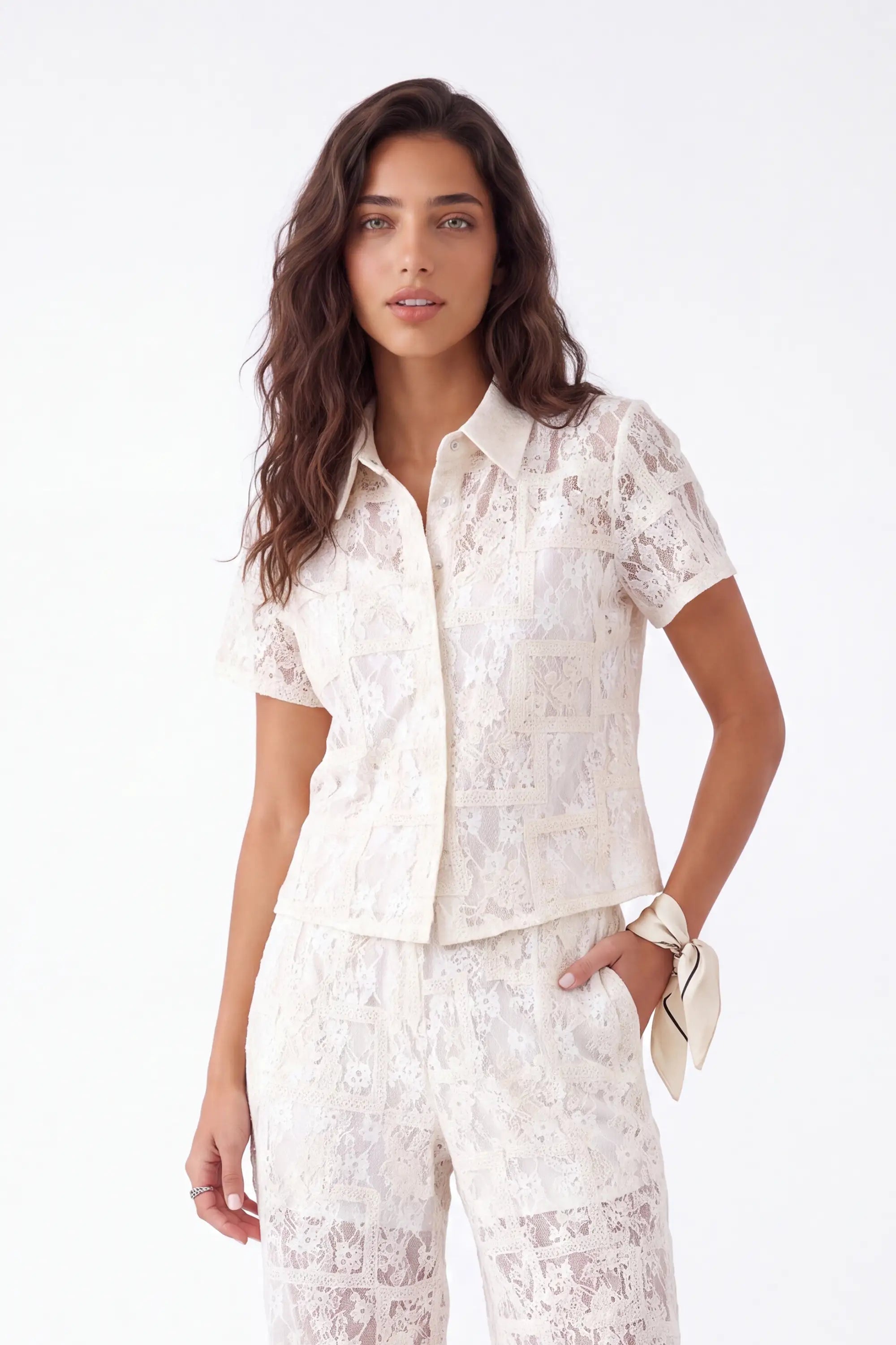 Cream Lace Short-Sleeve Collared Blouse — Model White Background View 5