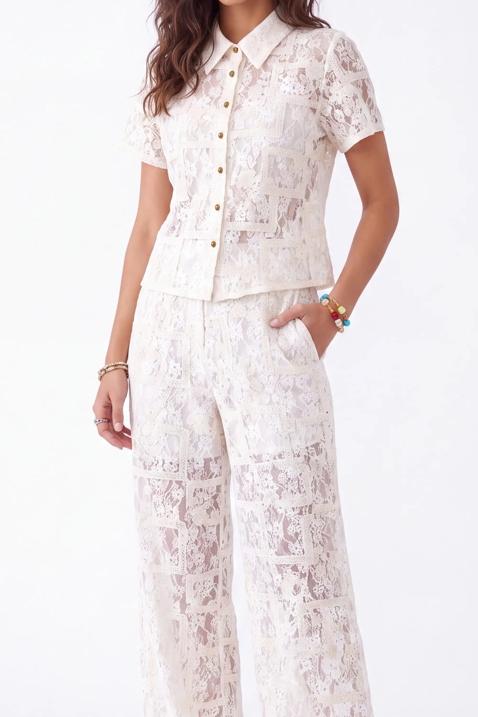 Cream Lace Short-Sleeve Collared Blouse — Model White Background View 6