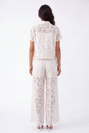 Cream Lace Short-Sleeve Collared Blouse — Model White Background View 7