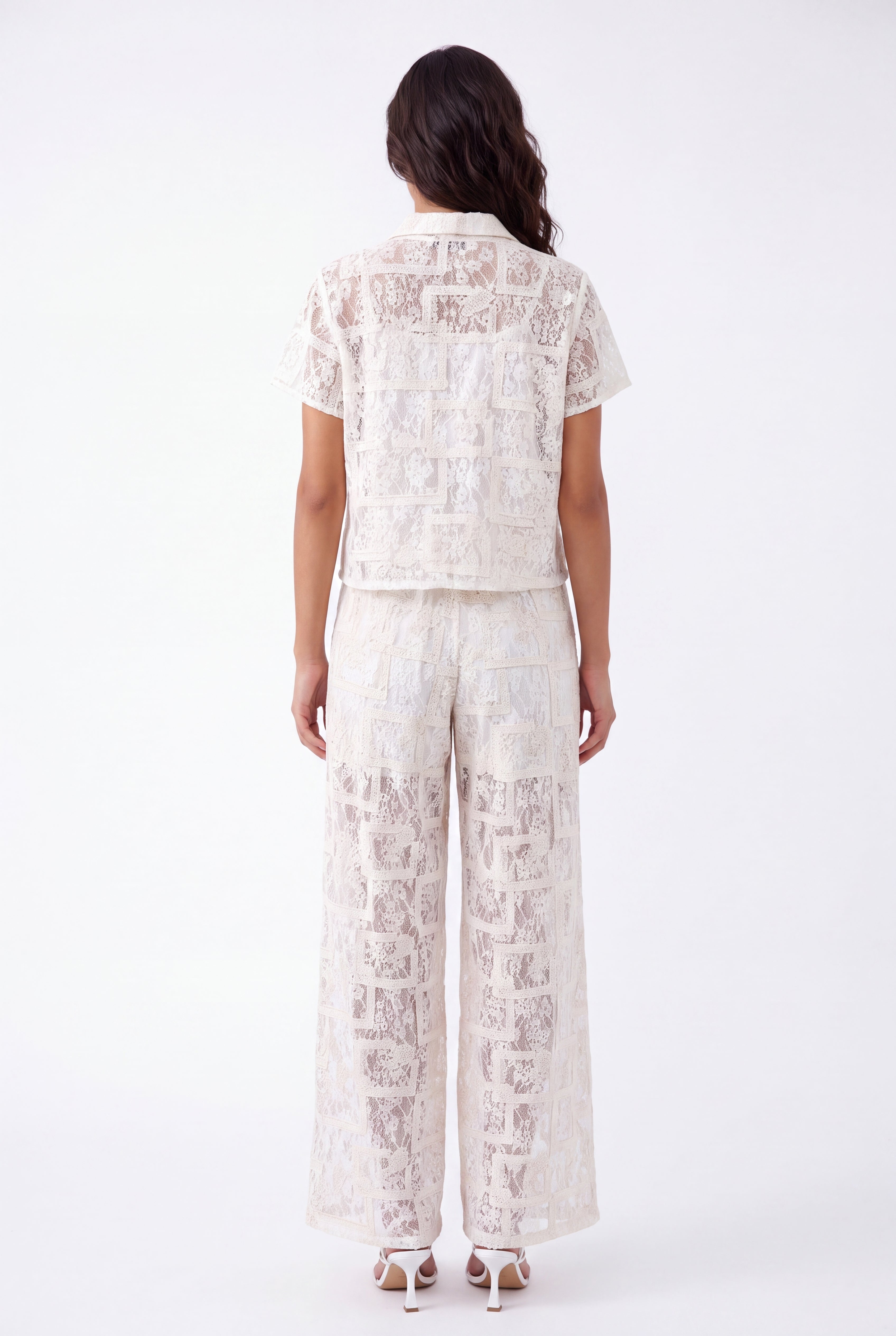 Cream Lace Short-Sleeve Collared Blouse — Model White Background View 7