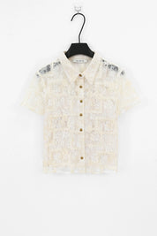 Cream Lace Short-Sleeve Collared Blouse — Product Only Front