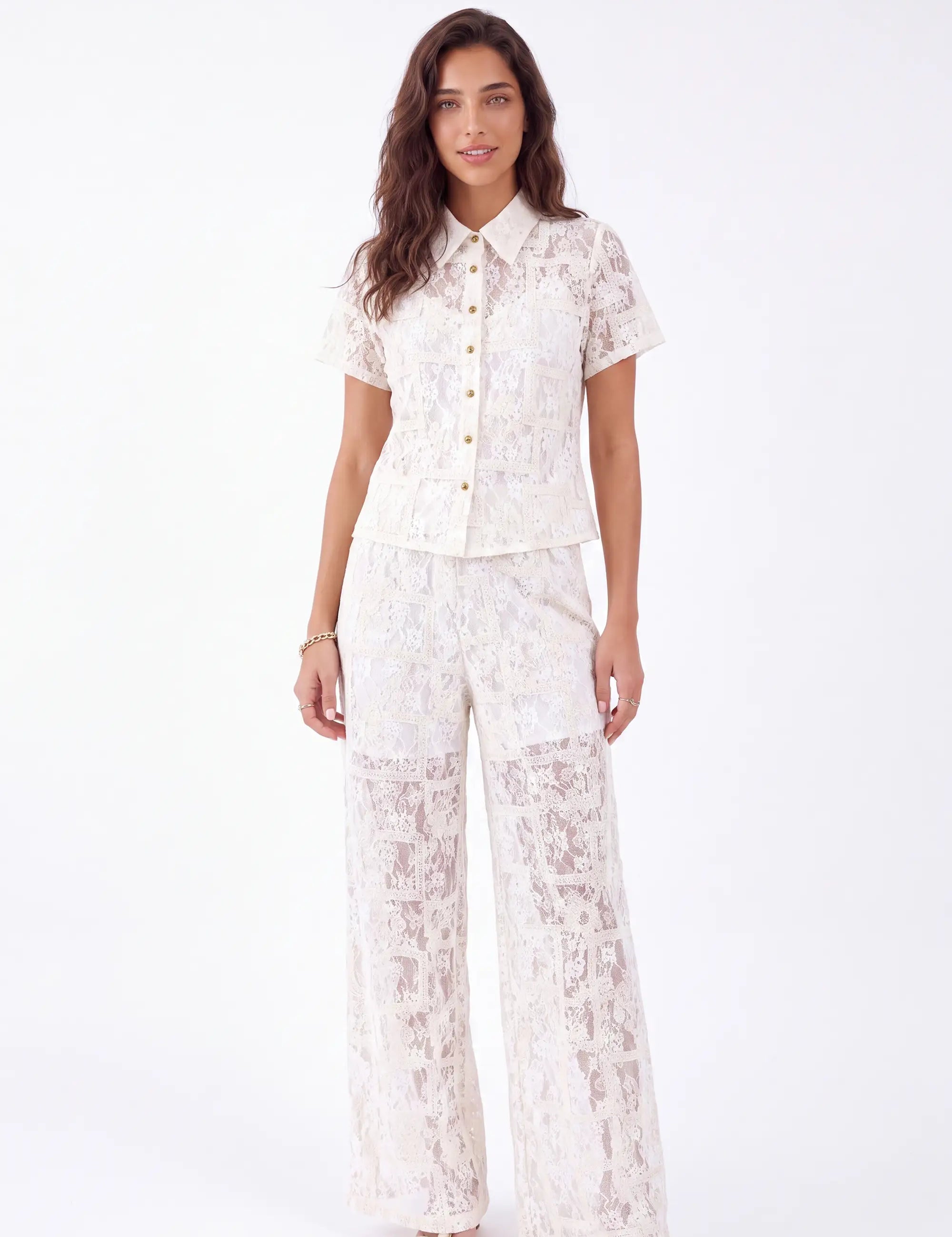 Cream Lace Wide-Leg Pants — Model White Background Front