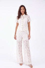 Cream Lace Wide-Leg Pants — Model White Background Front