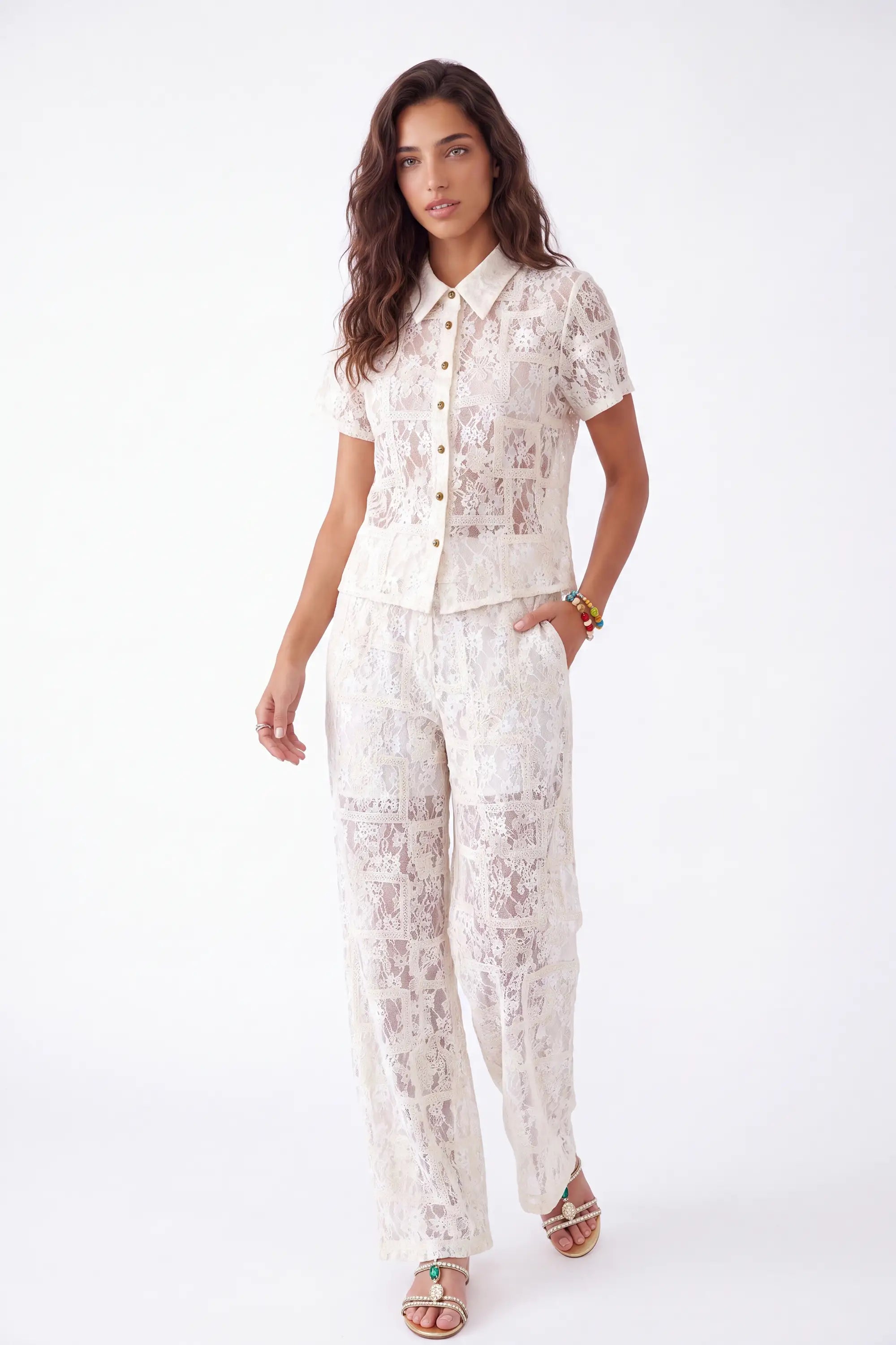 Cream Lace Wide-Leg Pants — Model White Background View 2