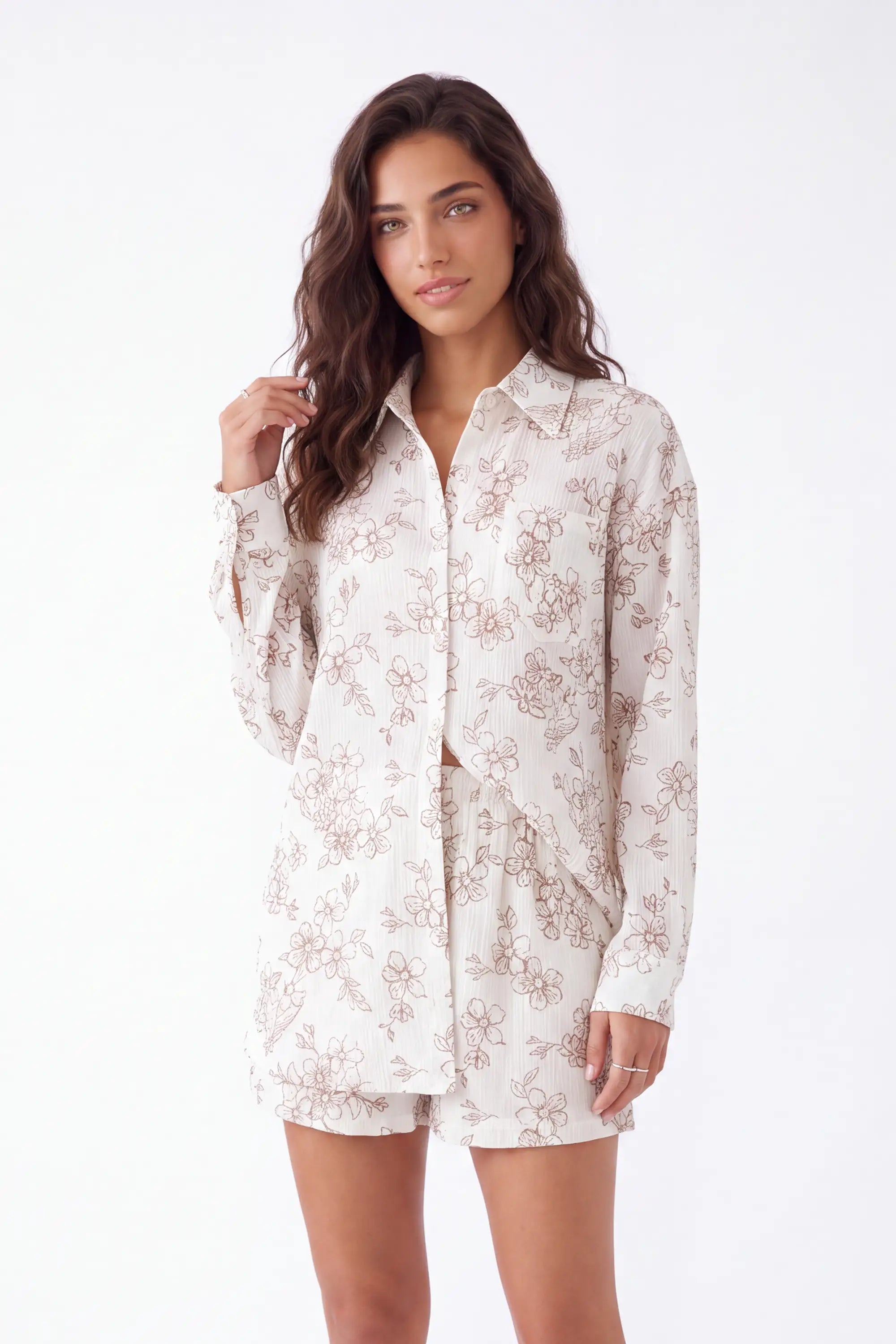 Cream Lightweight Polyester Floral Print Long-Sleeve Blouse — model front view 3