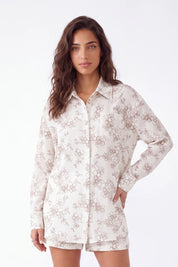 Cream Lightweight Polyester Floral Print Long-Sleeve Blouse — model front view 4