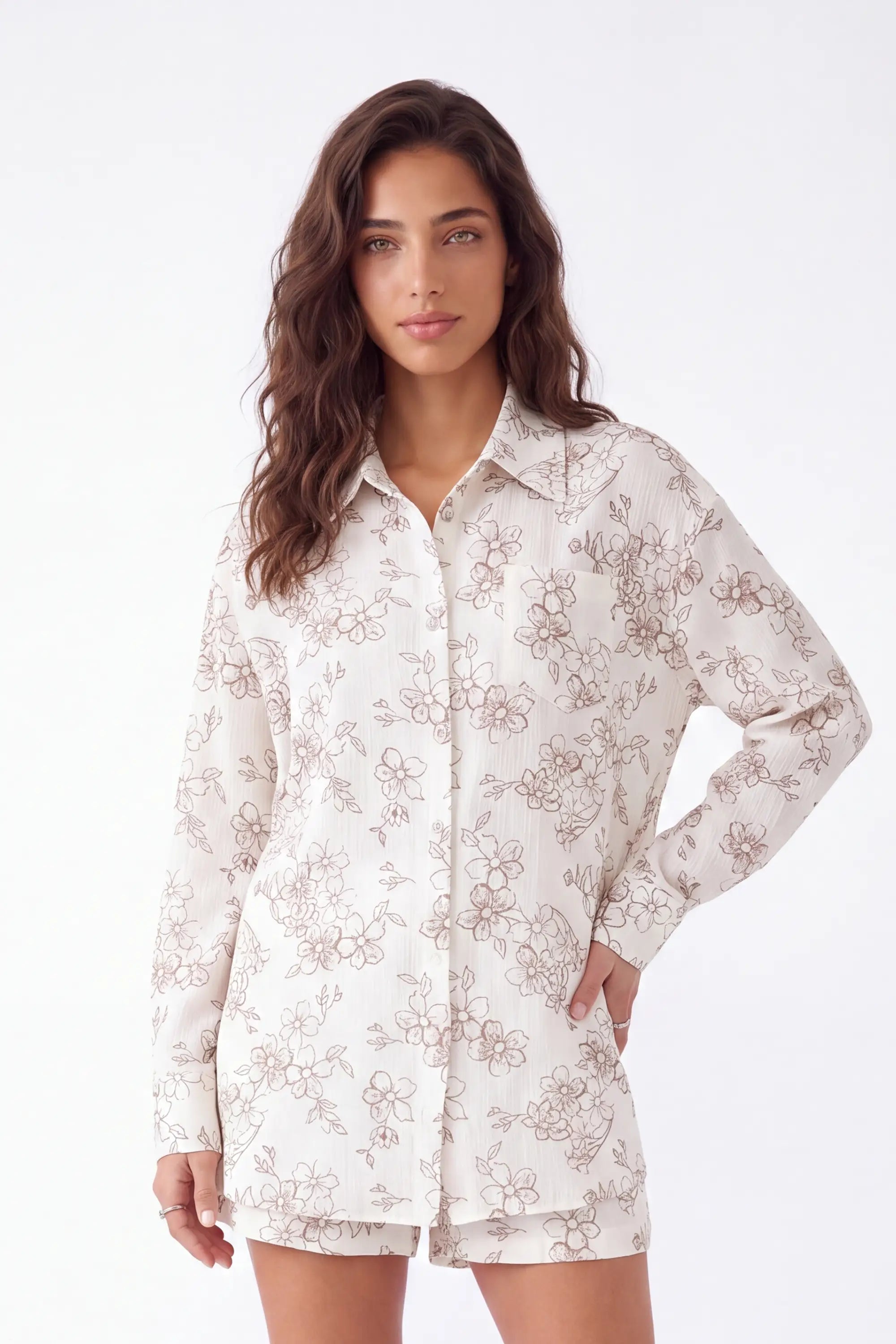 Cream Lightweight Polyester Floral Print Long-Sleeve Blouse — model front view 4