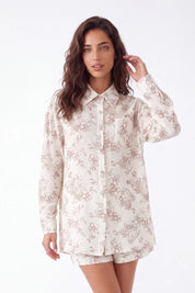 Cream Lightweight Polyester Floral Print Long-Sleeve Blouse — model front view 5