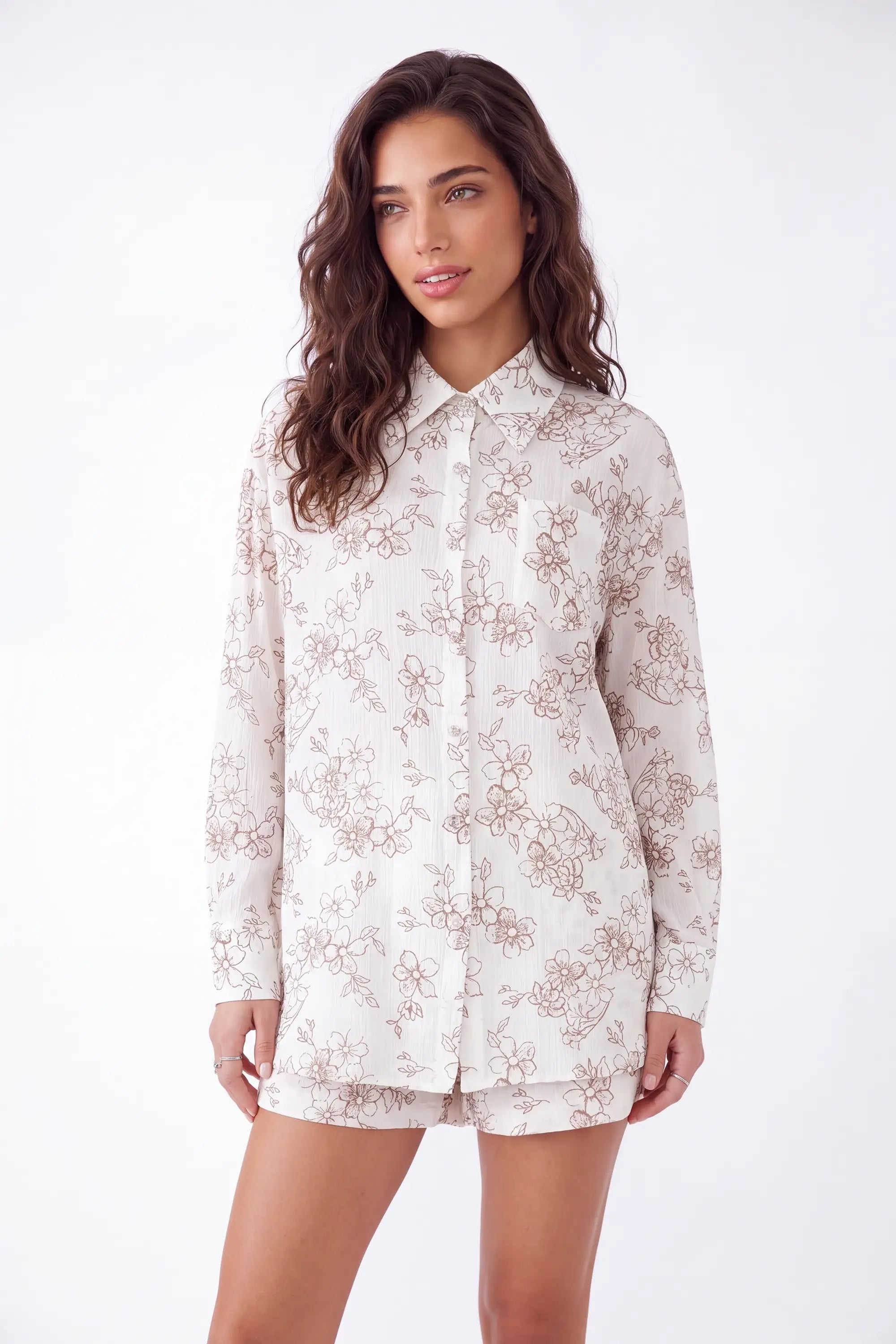 Cream Lightweight Polyester Floral Print Long-Sleeve Blouse — model front view 6