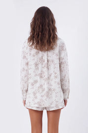 Cream Lightweight Polyester Floral Print Long-Sleeve Blouse — model front view 7