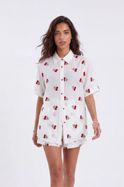 Cream Polyester Cherry Embroidery Elastic Waist Shorts — Model White Background Front