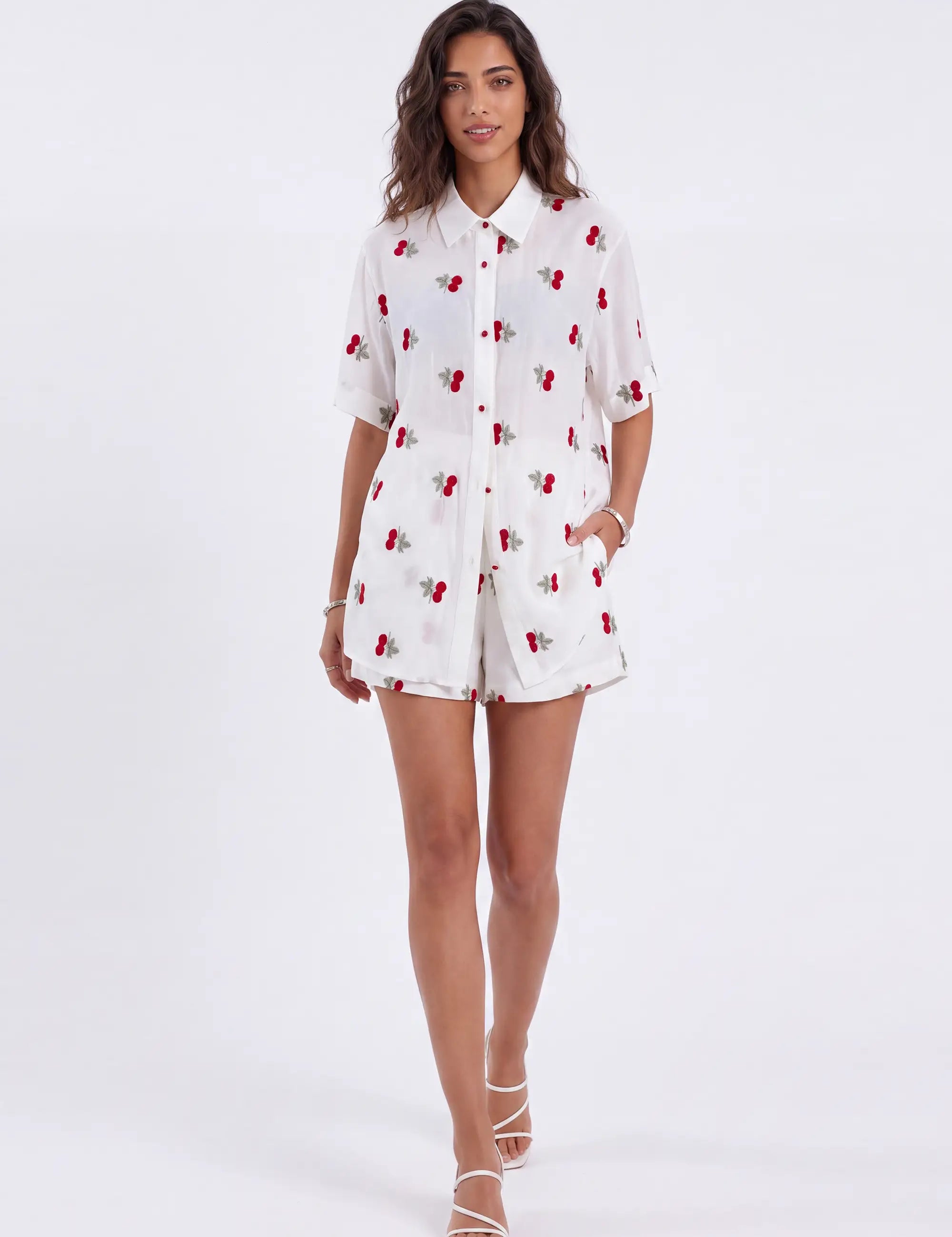 Cream Polyester Cherry Embroidery Elastic Waist Shorts — Model White Background View 2
