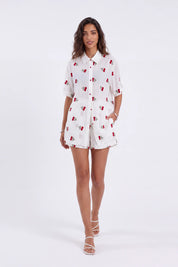 Cream Polyester Cherry Embroidery Elastic Waist Shorts — Model White Background View 2