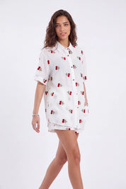 Cream Polyester Cherry Embroidery Elastic Waist Shorts — Model White Background View 4