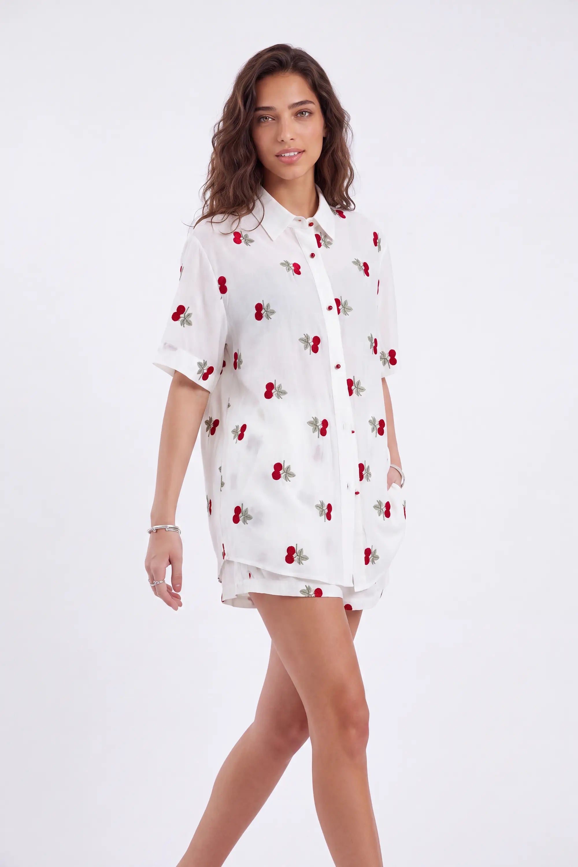 Cream Polyester Cherry Embroidery Elastic Waist Shorts — Model White Background View 4