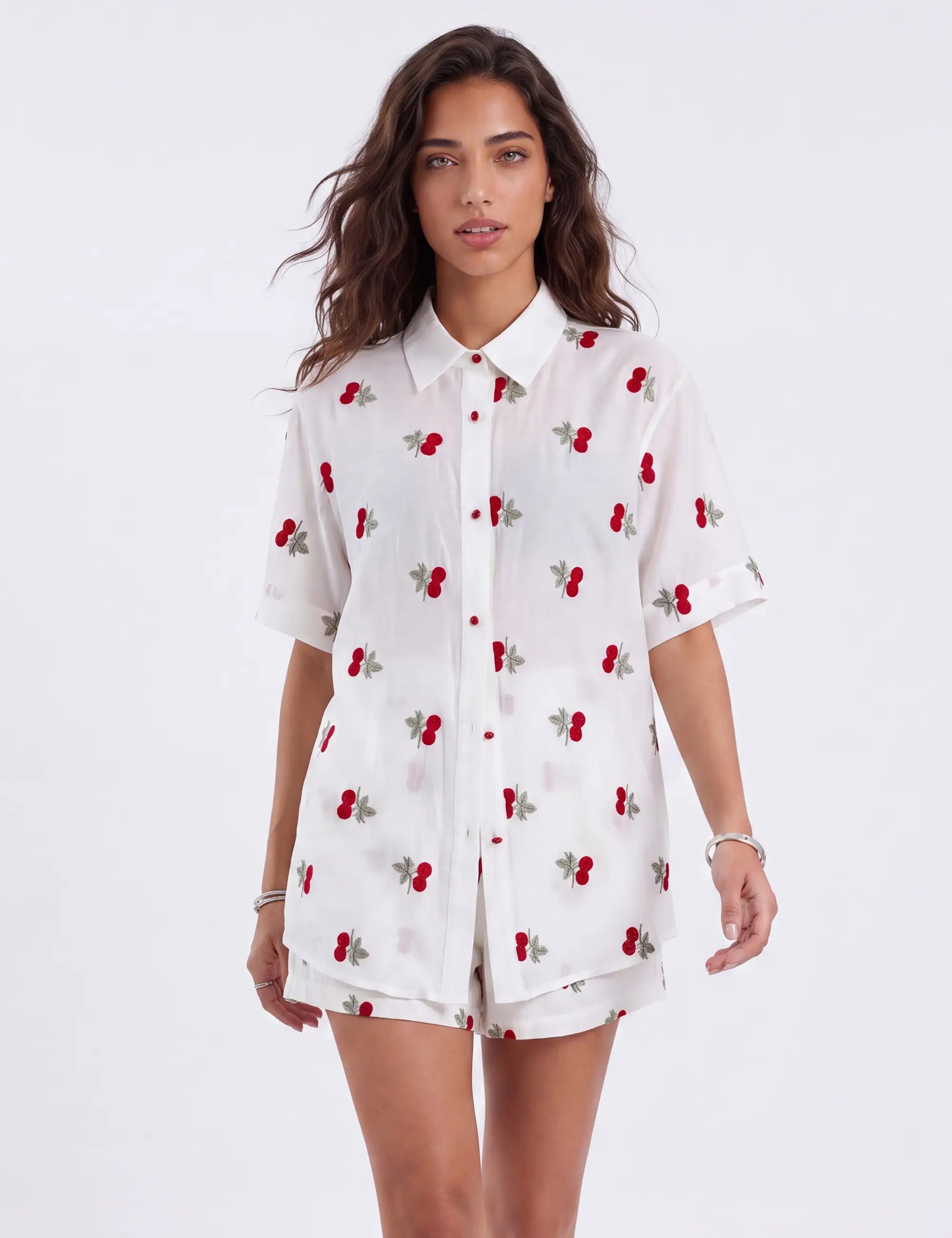 Cream Ramie-Cotton Blend Cherry Embroidery Short-Sleeve Blouse — Model White Background Front