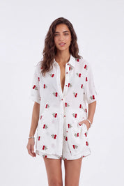 Cream Ramie-Cotton Blend Cherry Embroidery Short-Sleeve Blouse — Model White Background View 3